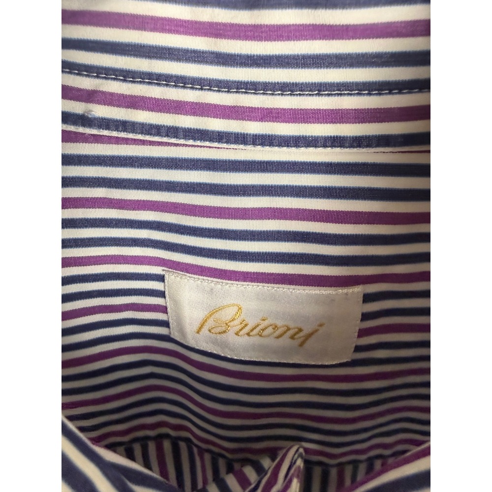 Brioni Mens Dress Shirt Large Purple Navy Blue Striped Cotton Long Sleeve Italy - Picture 3 of 7
